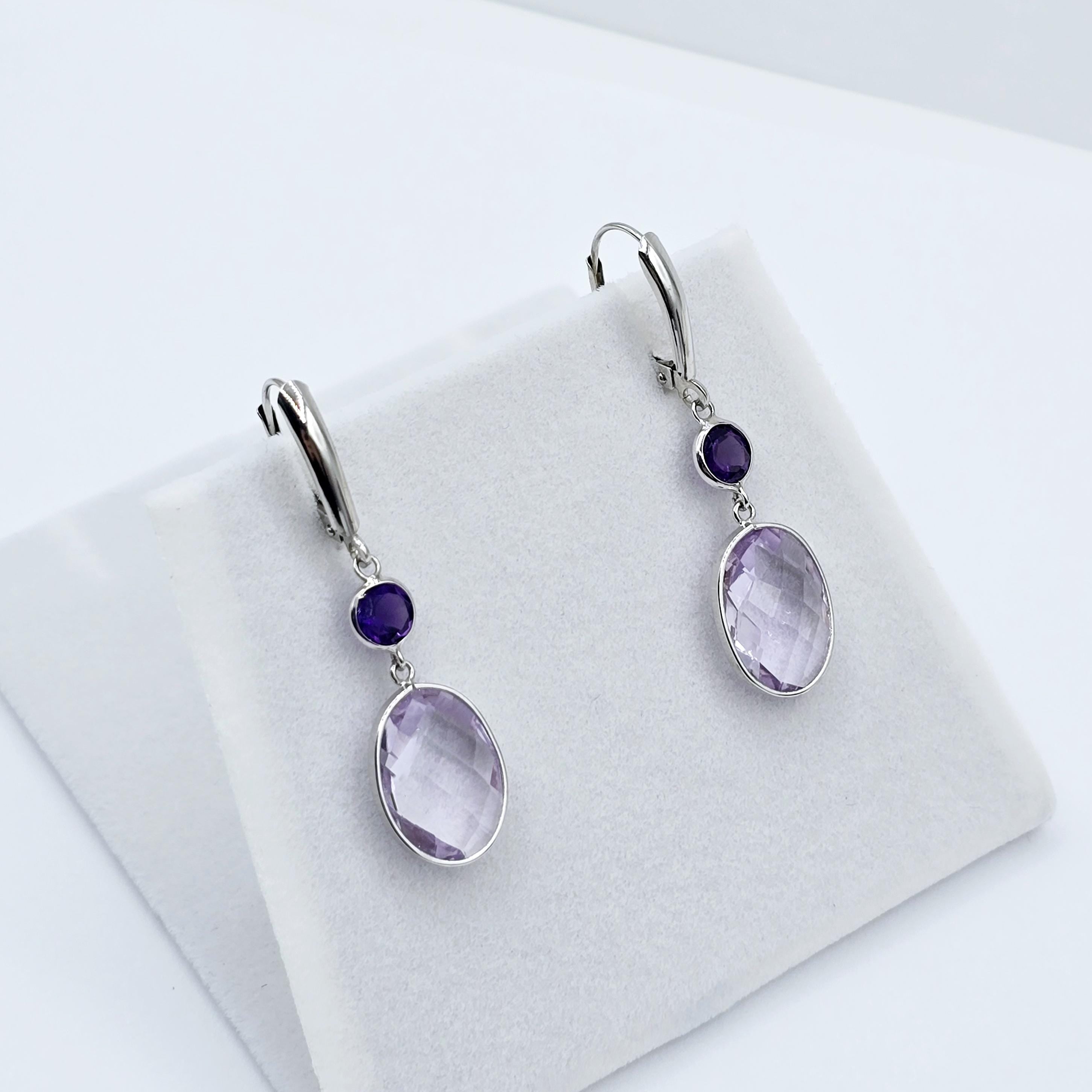 14K White Gold Amethyst Drop Earrings, Lever Back, Luxury Jewelry Gift