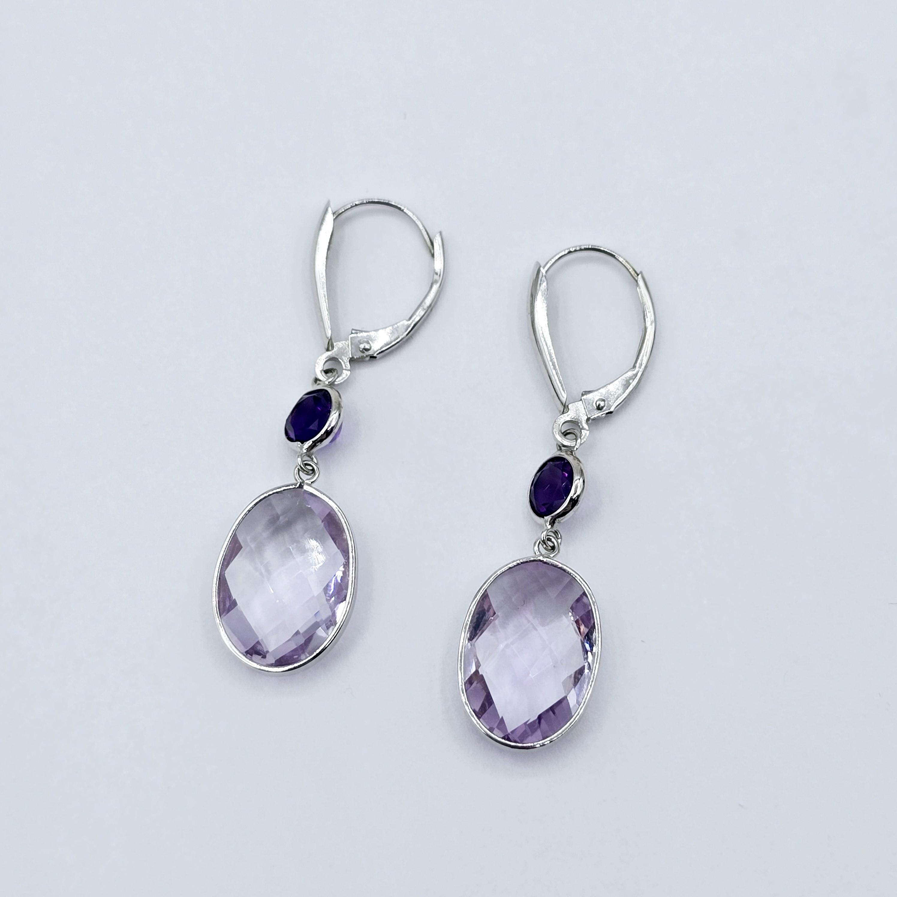 14K White Gold Amethyst Drop Earrings, Lever Back, Luxury Jewelry Gift
