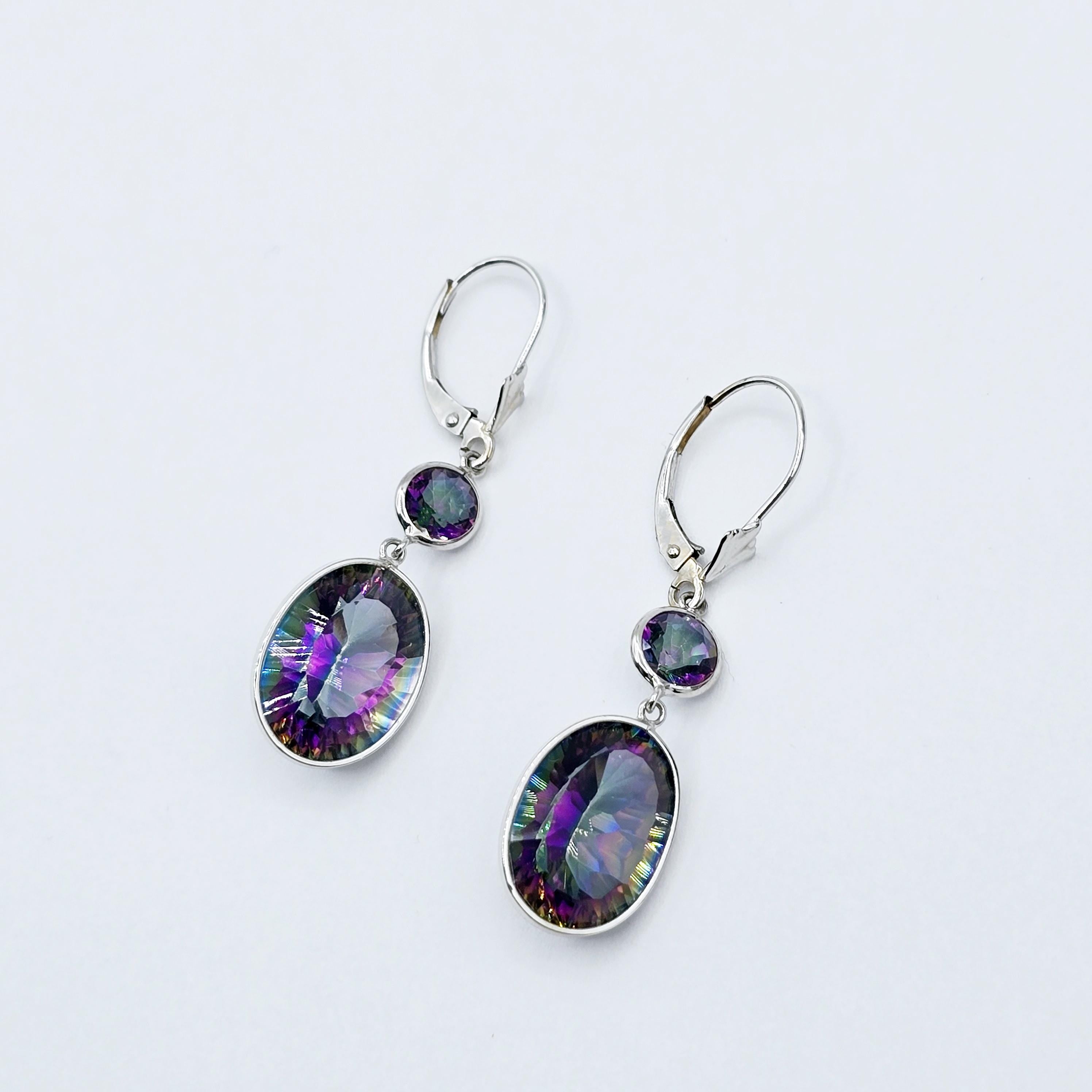 14K White Gold Mystic Quartz Lever Back Drop Earrings