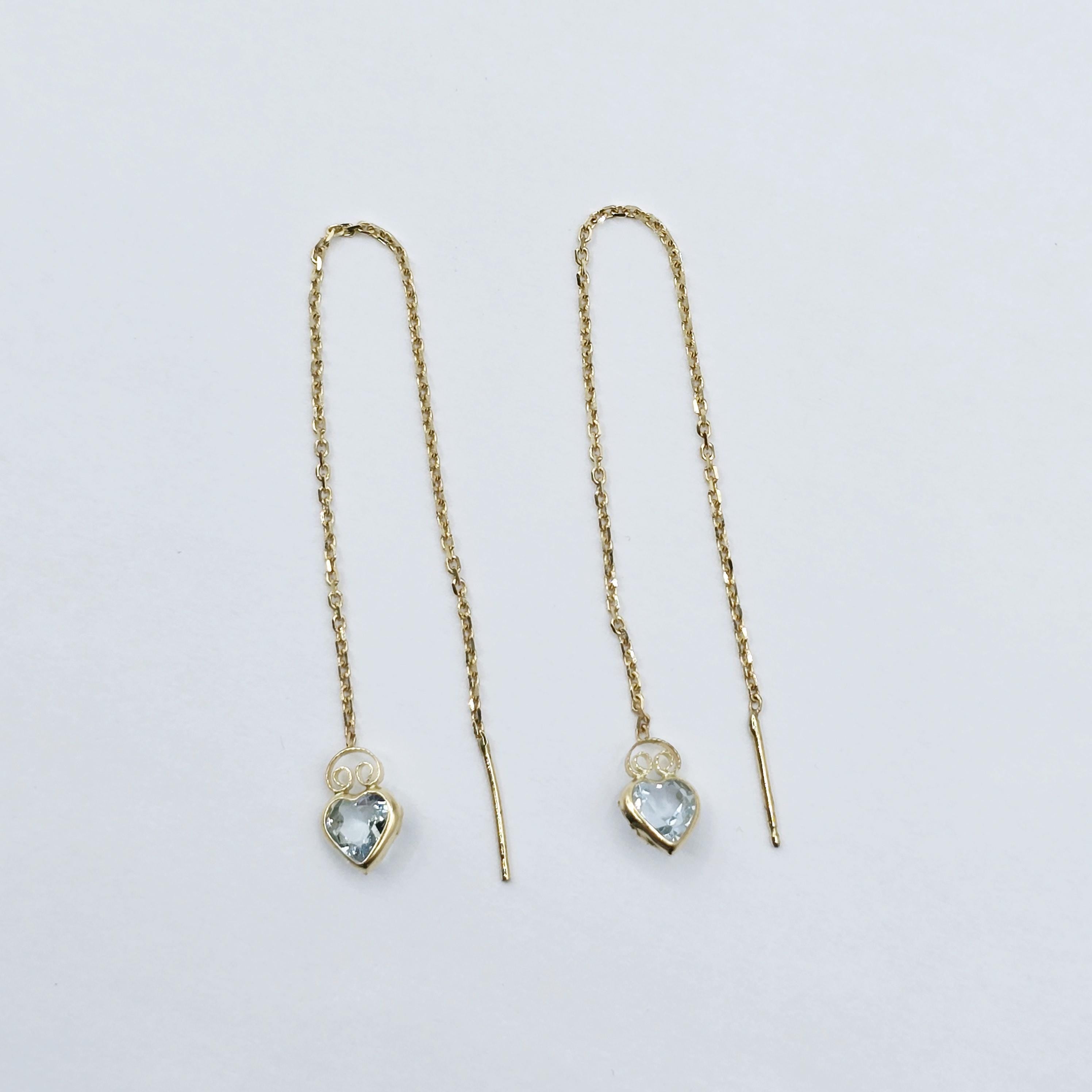 14K Yellow Gold Heart Aquamarine Chain Threader Earrings