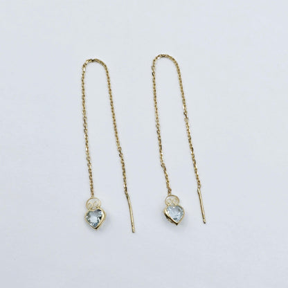 14K Yellow Gold Heart Aquamarine Chain Threader Earrings
