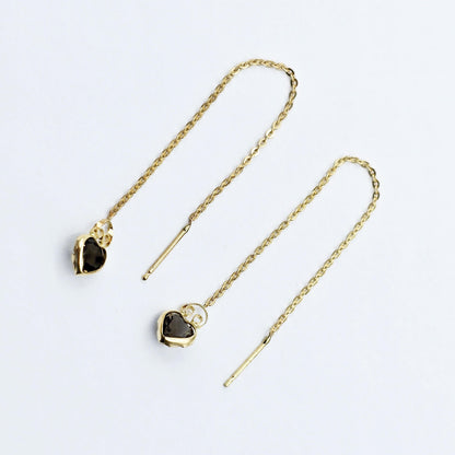 14K Yellow Gold Heart Aquamarine Chain Threader Earrings