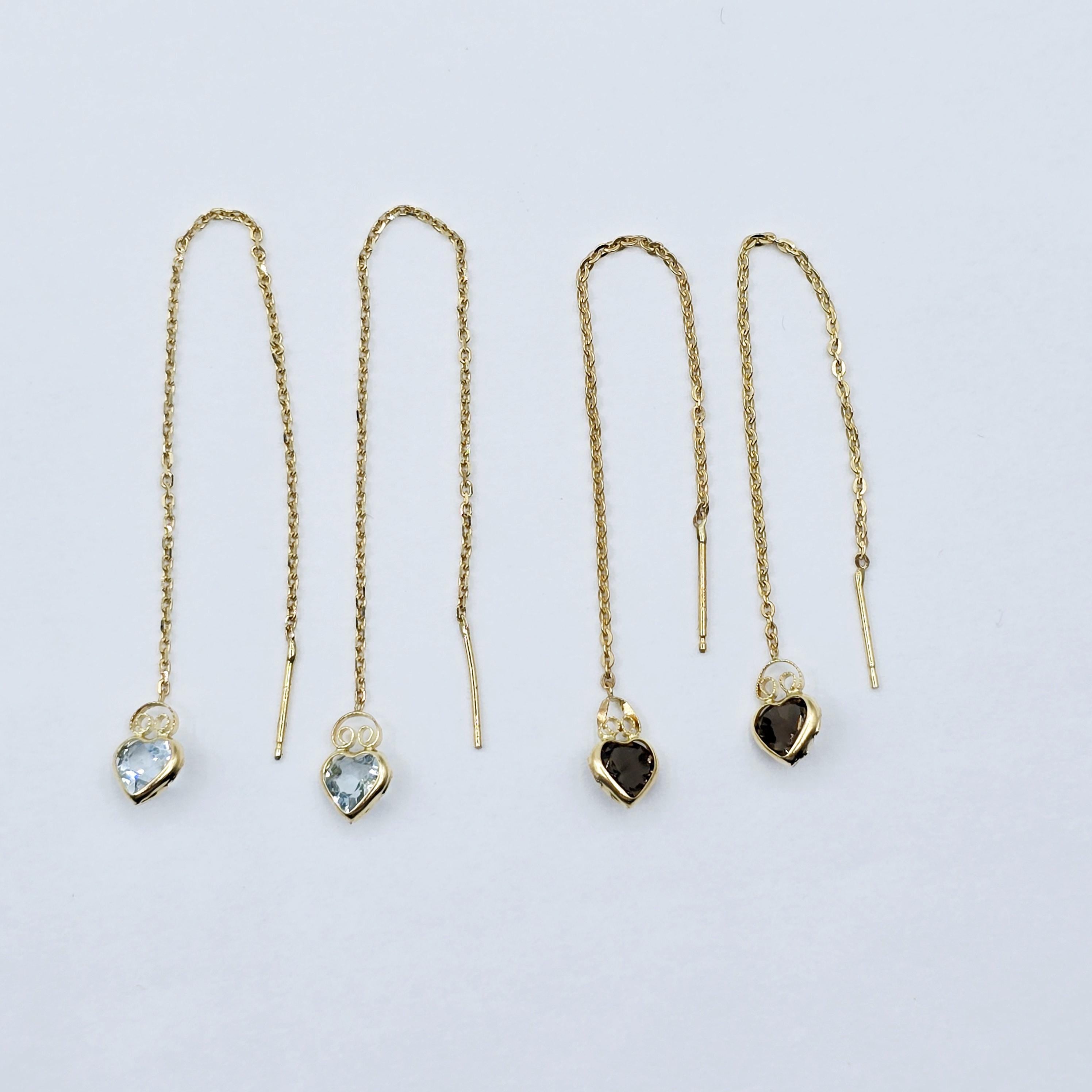 14K Yellow Gold Heart Aquamarine Chain Threader Earrings
