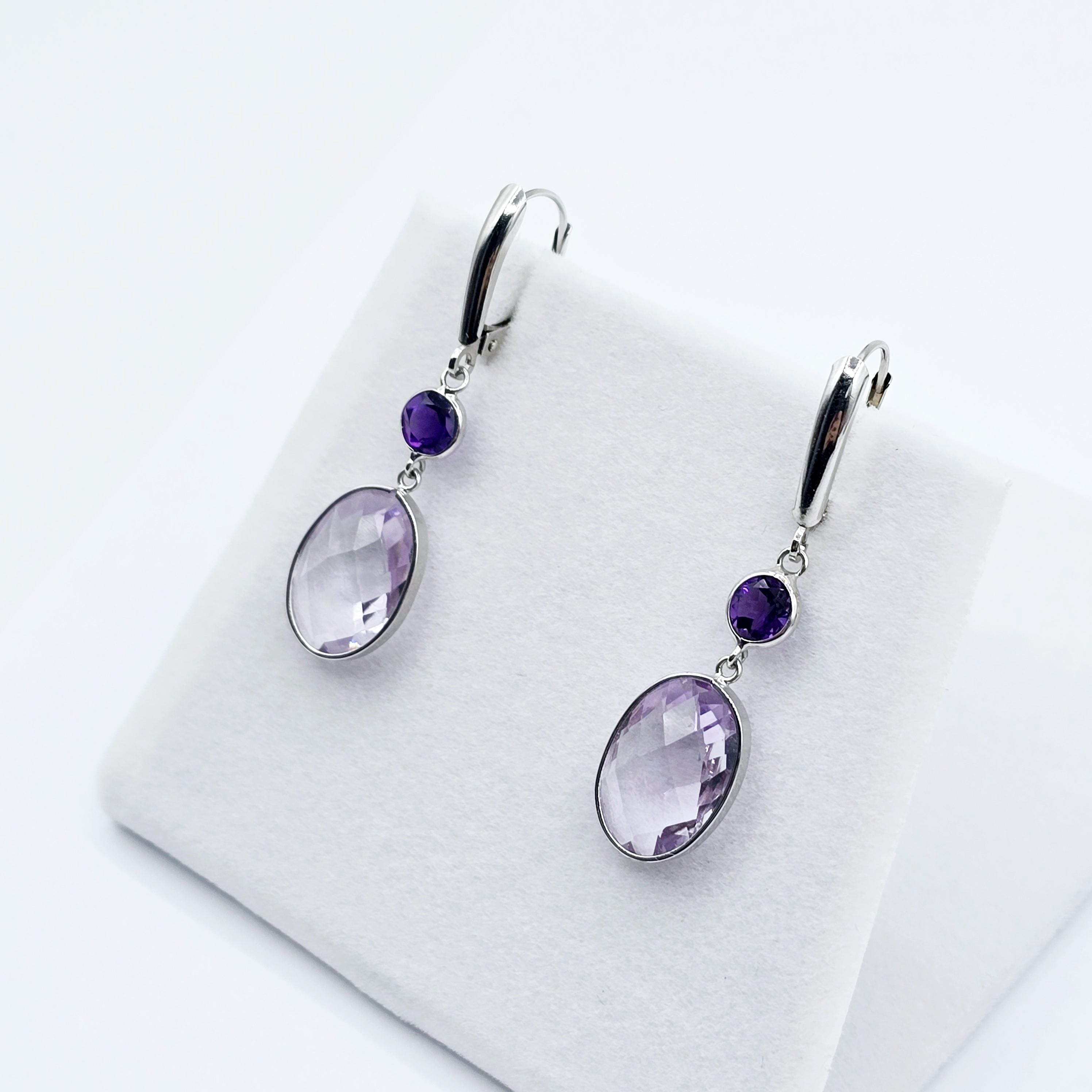 14K White Gold Amethyst Drop Earrings, Lever Back, Luxury Jewelry Gift