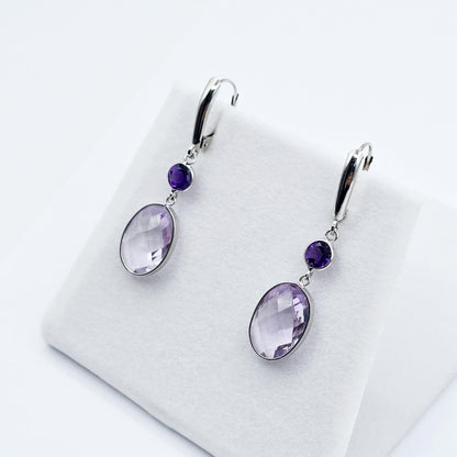 14K White Gold Amethyst Drop Earrings, Lever Back, Luxury Jewelry Gift