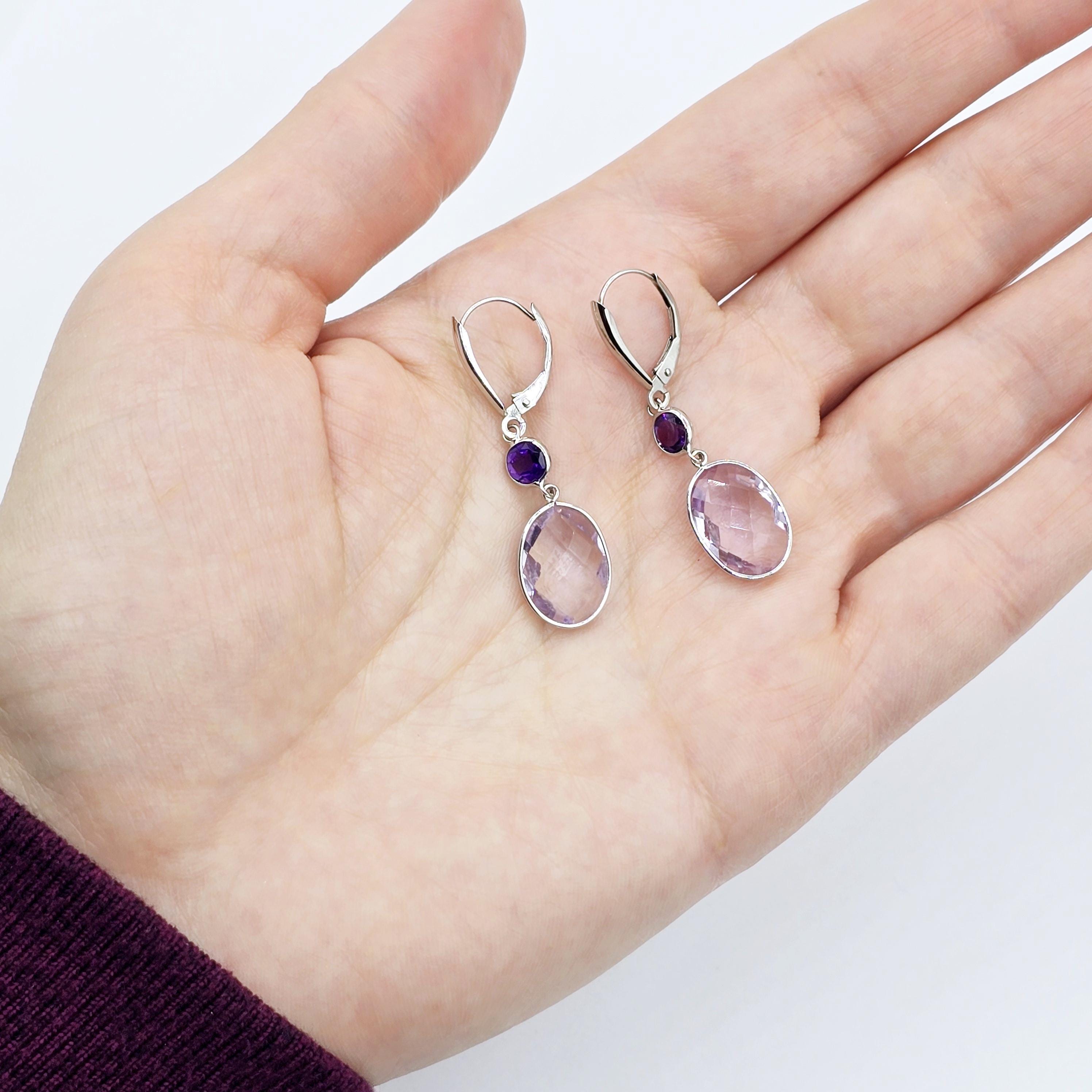 14K White Gold Amethyst Drop Earrings, Lever Back, Luxury Jewelry Gift