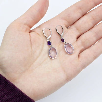 14K White Gold Amethyst Drop Earrings, Lever Back, Luxury Jewelry Gift