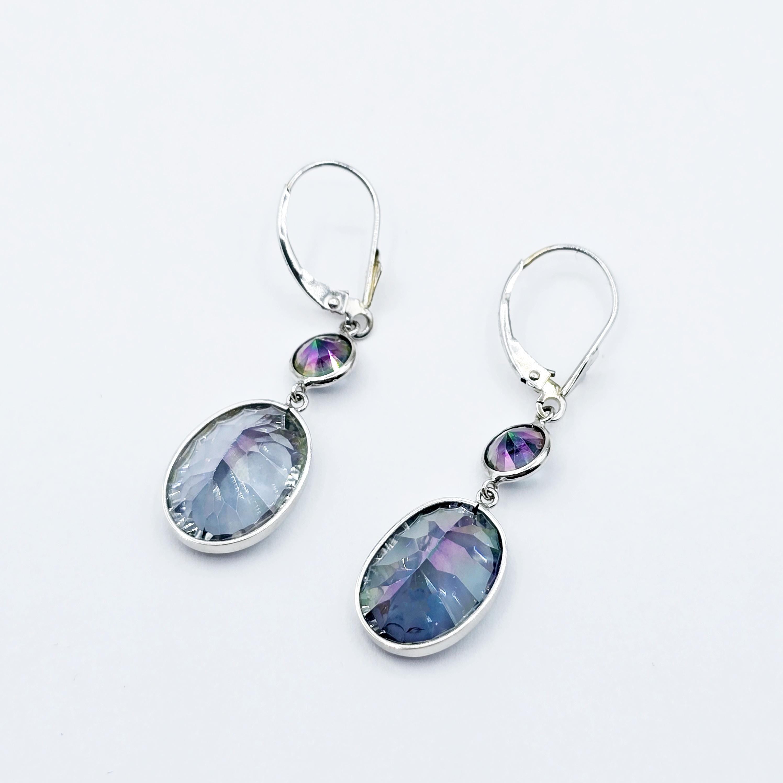 14K White Gold Mystic Quartz Lever Back Drop Earrings