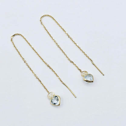 14K Yellow Gold Heart Aquamarine Chain Threader Earrings