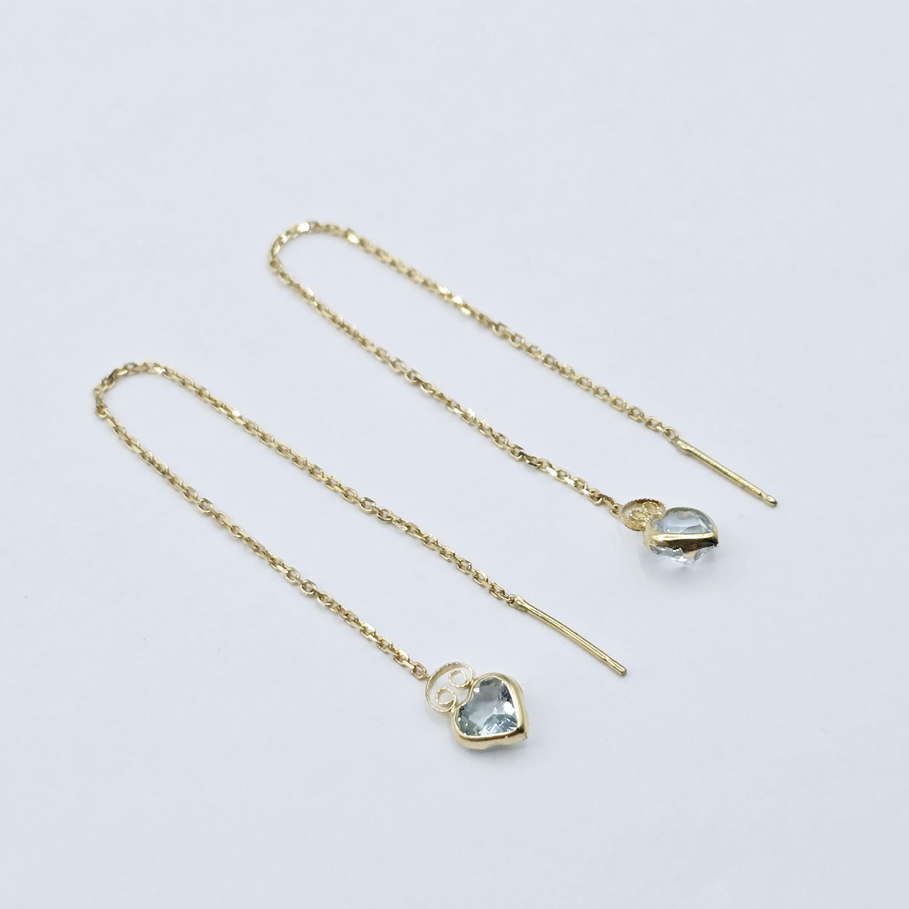 14K Yellow Gold Heart Aquamarine Chain Threader Earrings