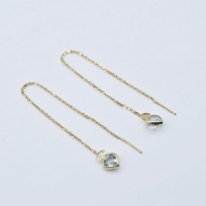 14K Yellow Gold Heart Aquamarine Chain Threader Earrings