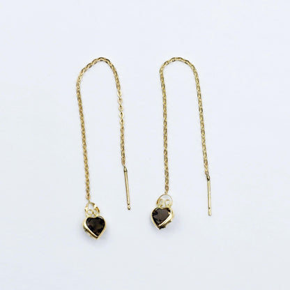 14K Yellow Gold Heart Aquamarine Chain Threader Earrings