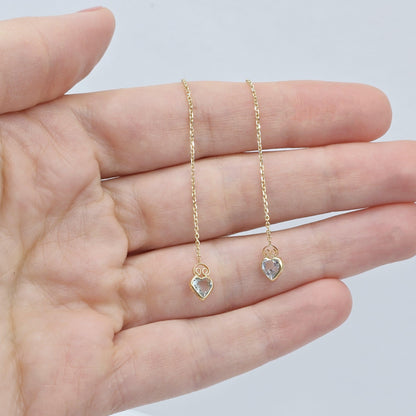 14K Yellow Gold Heart Aquamarine Chain Threader Earrings