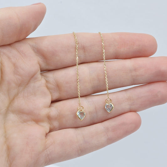 14K Yellow Gold Heart Aquamarine Chain Threader Earrings