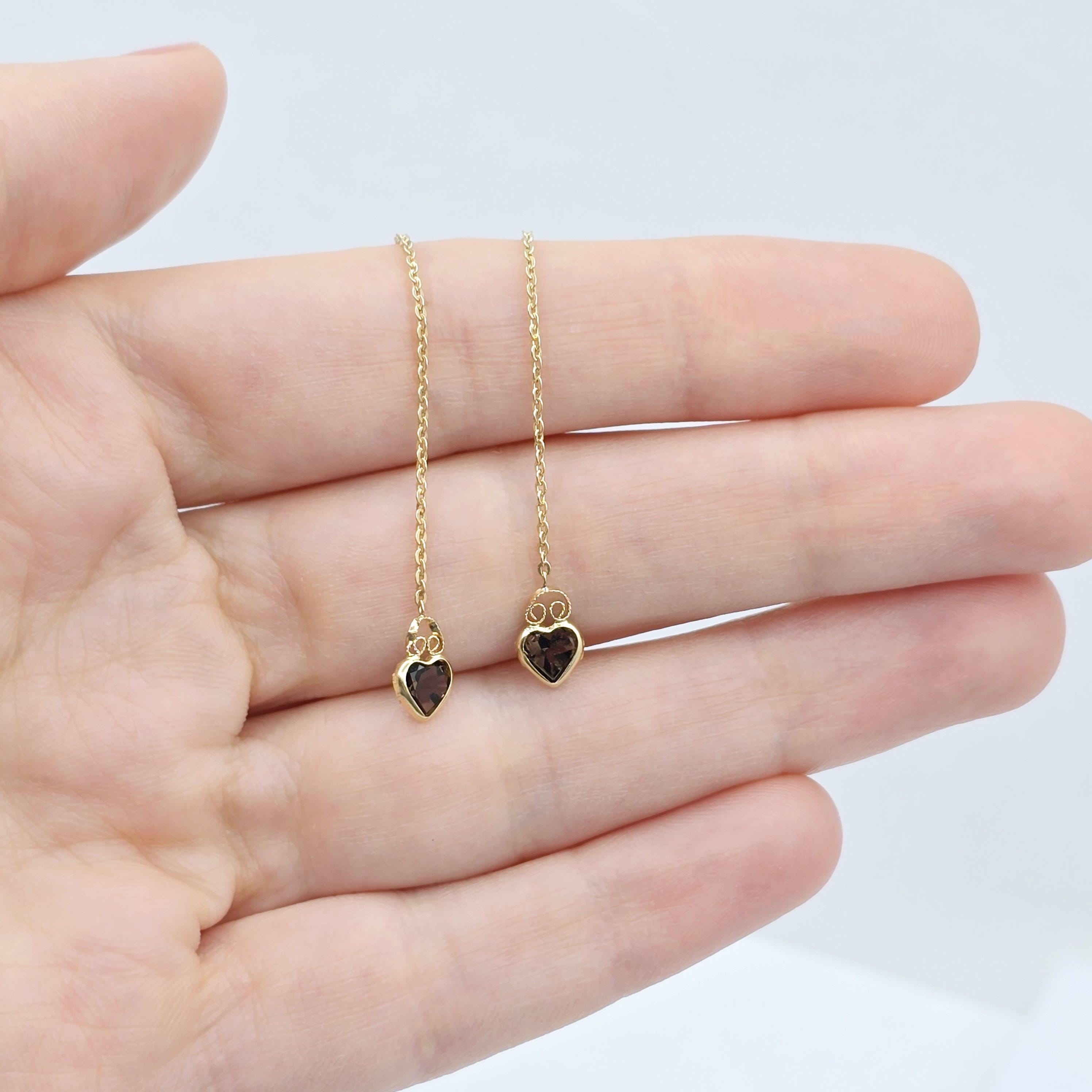 14K Yellow Gold Heart Aquamarine Chain Threader Earrings