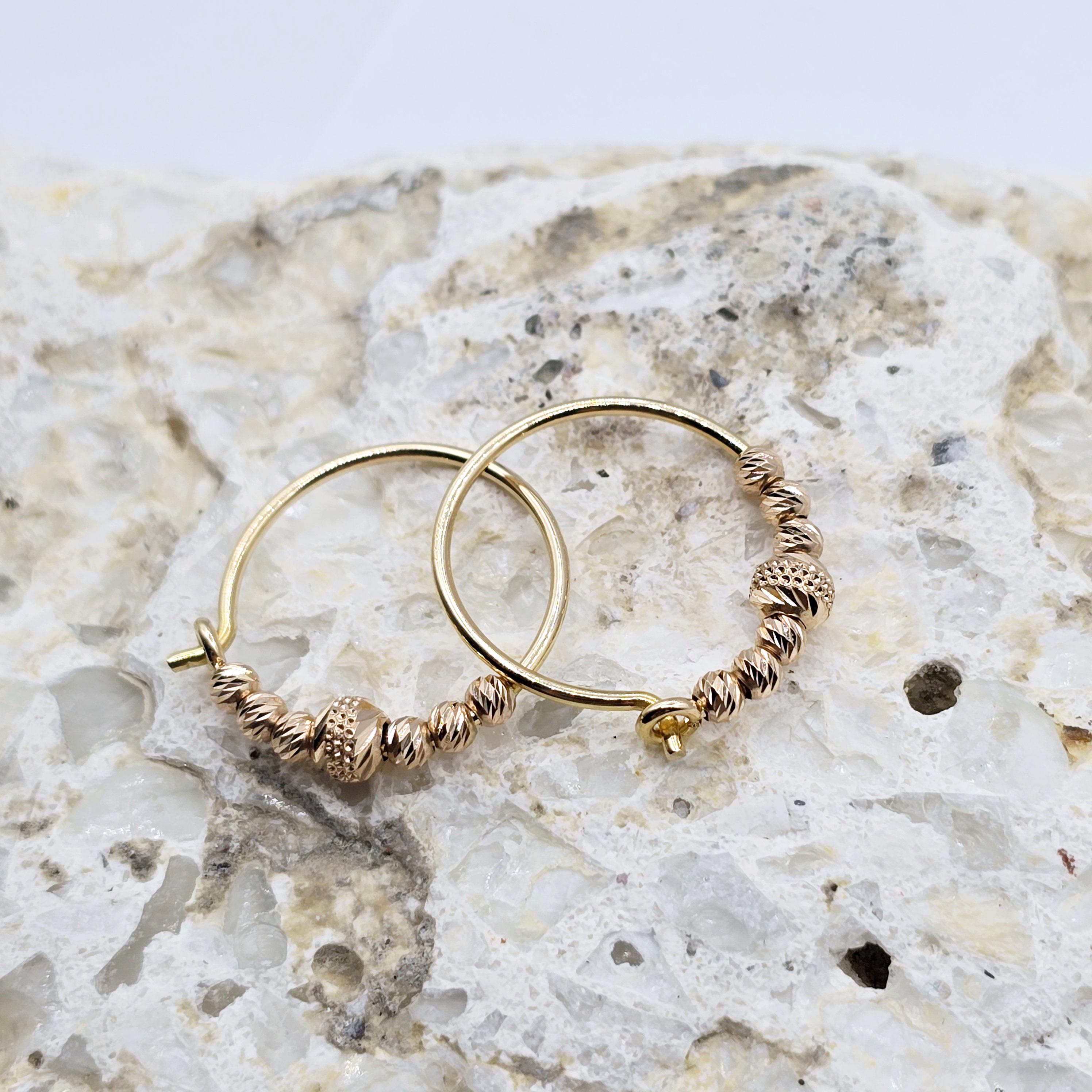 18K Yellow & Rose Gold Hoop Earrings, Dainty Beaded Hoops, 18mm