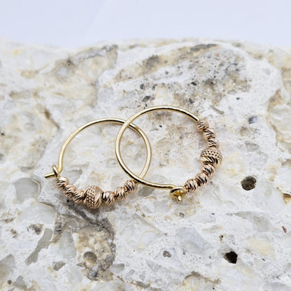 18K Yellow & Rose Gold Hoop Earrings, Dainty Beaded Hoops, 18mm