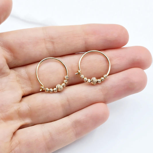 18K Yellow & Rose Gold Hoop Earrings, Dainty Beaded Hoops, 18mm