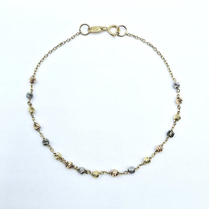 18K Yellow Gold Ball Bracelet, Tri-Color Bead Chain, Dainty Jewelry