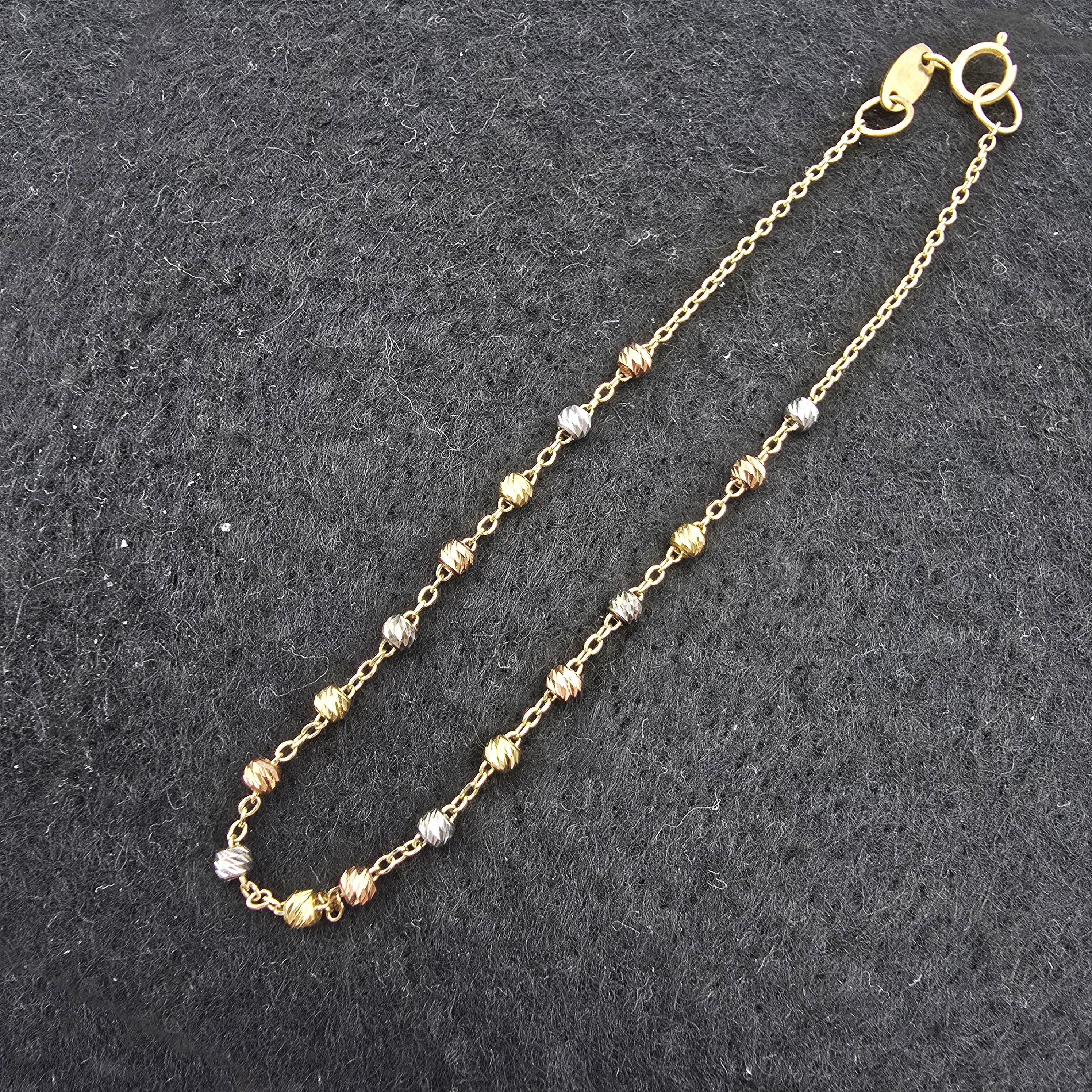 18K Yellow Gold Ball Bracelet, Tri-Color Bead Chain, Dainty Jewelry