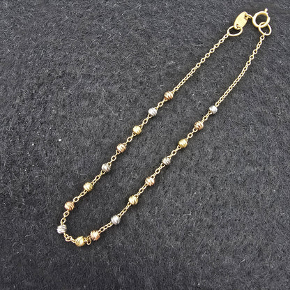 18K Yellow Gold Ball Bracelet, Tri-Color Bead Chain, Dainty Jewelry