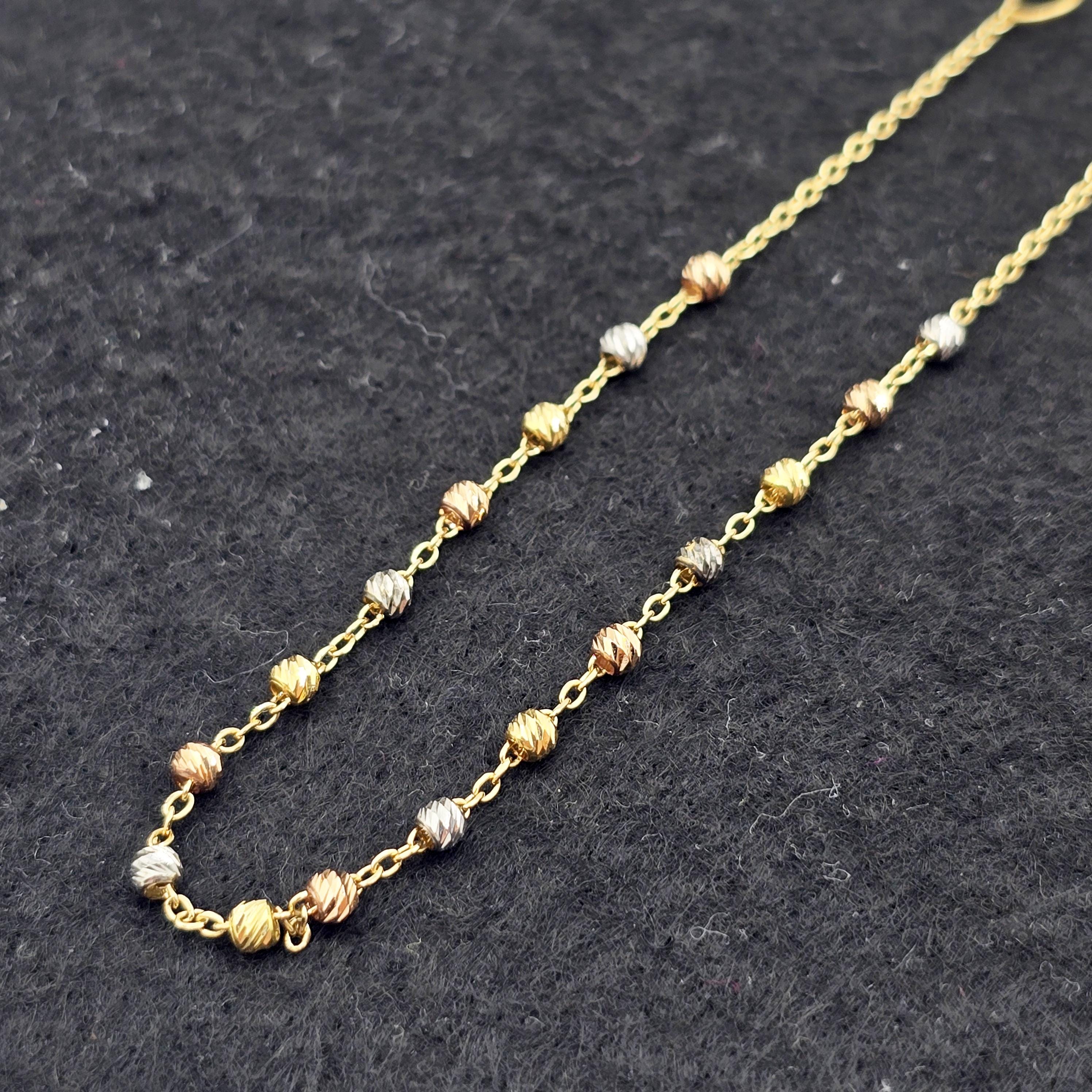 18K Yellow Gold Ball Bracelet, Tri-Color Bead Chain, Dainty Jewelry