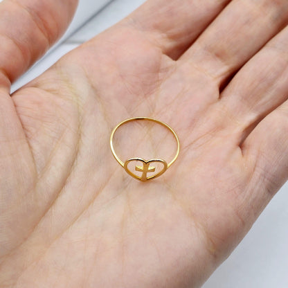 18K Yellow Gold Cross Heart Ring, Dainty Christian Jewelry
