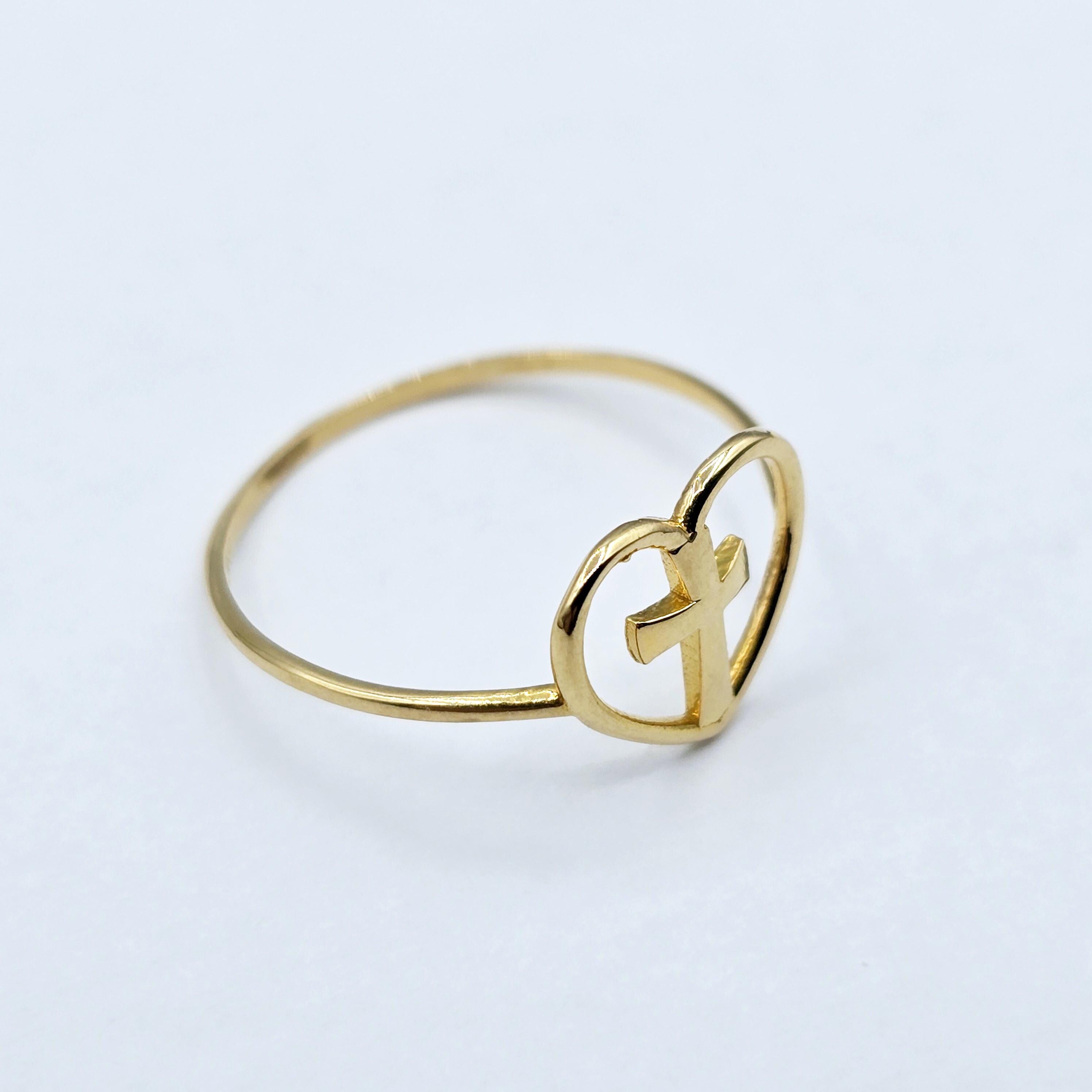 18K Yellow Gold Cross Heart Ring, Dainty Christian Jewelry