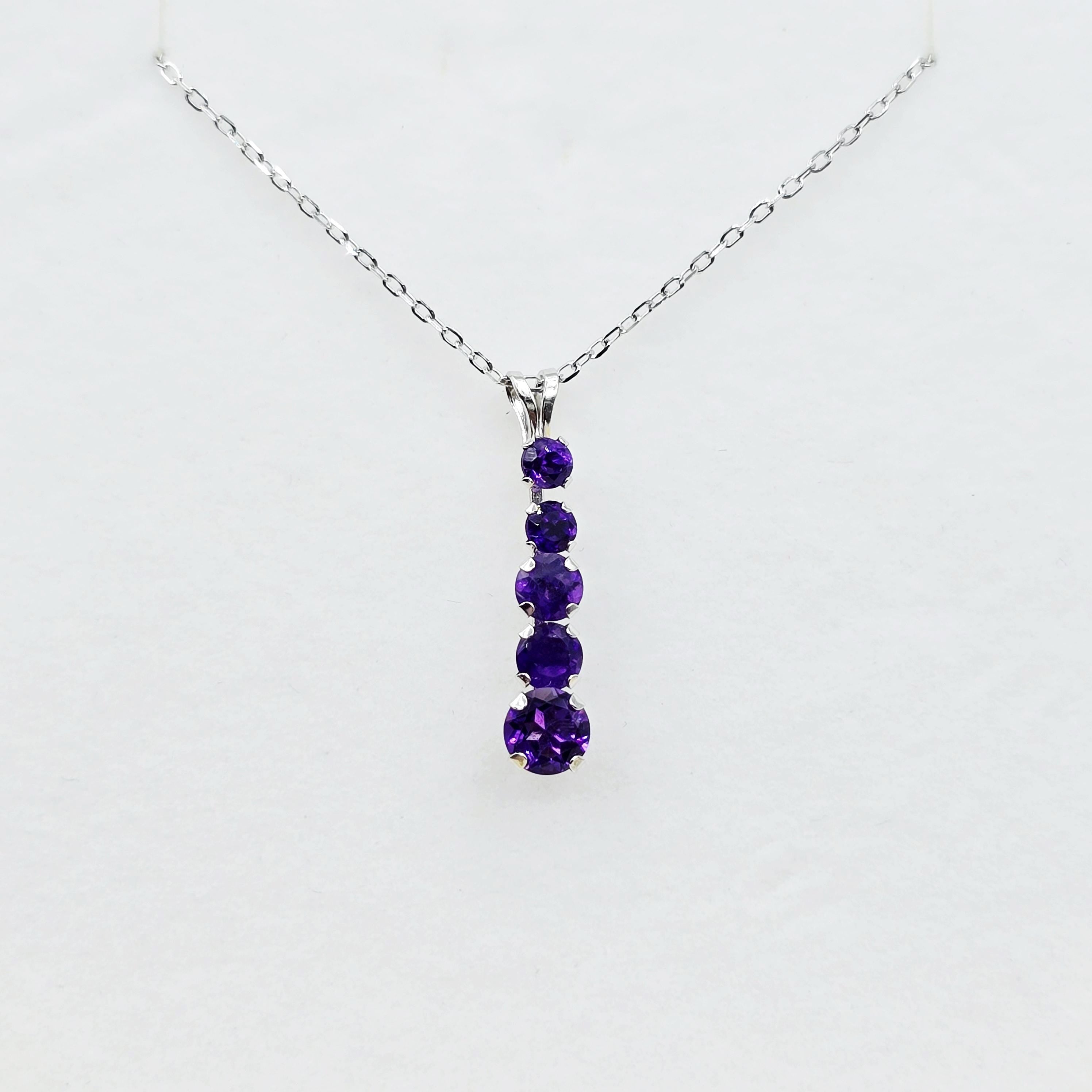 14K White Gold Amethyst Pendant Necklace Æ’?? Graduated 5-Stone Drop