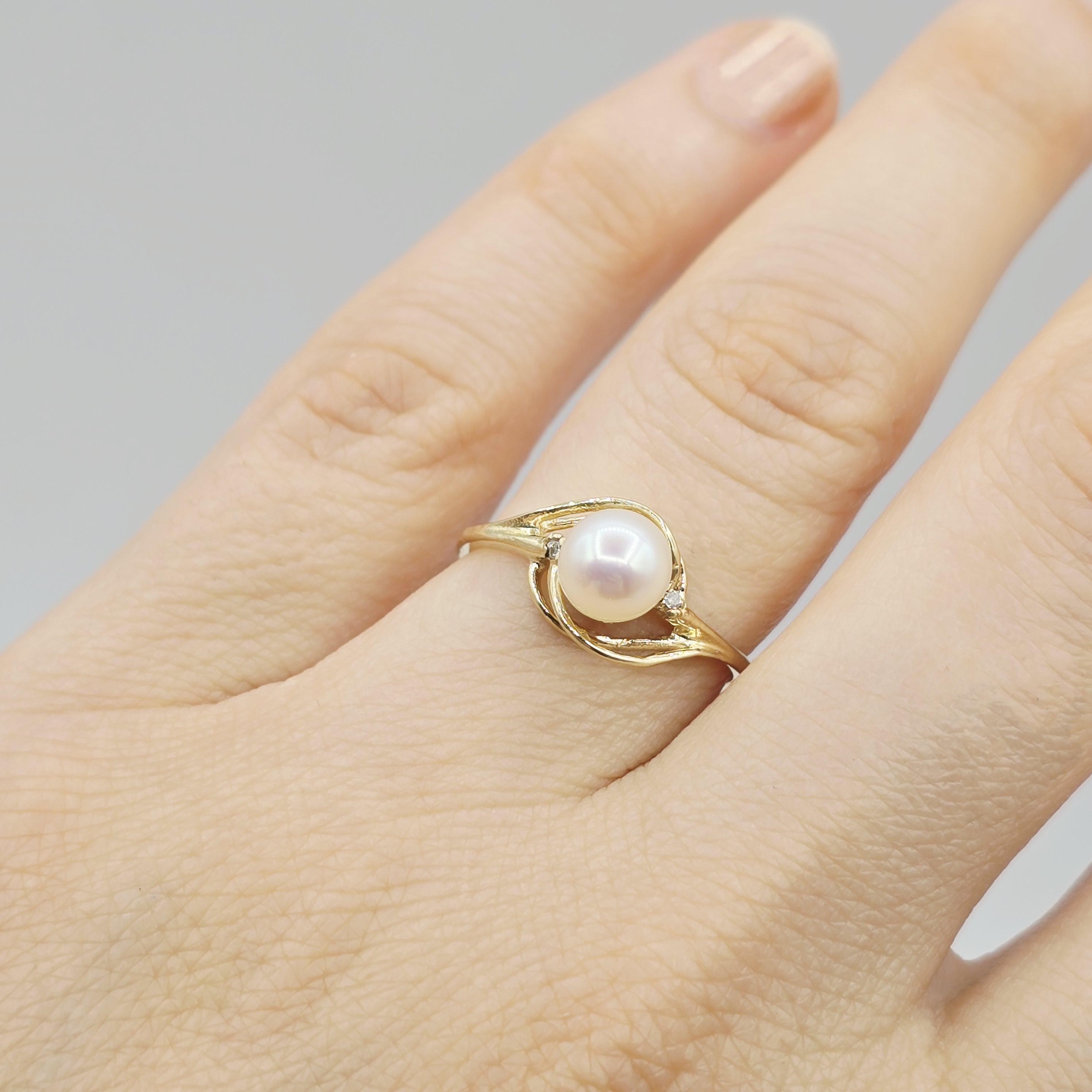 14K Yellow Gold Cultured Pearl Ring, June Birthstone, Diamond Accent