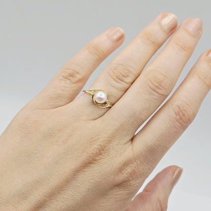 14K Yellow Gold Cultured Pearl Ring, June Birthstone, Diamond Accent