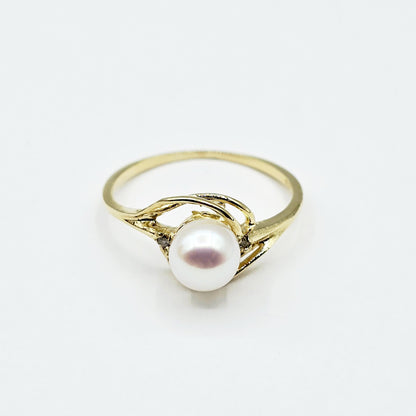14K Yellow Gold Cultured Pearl Ring, June Birthstone, Diamond Accent