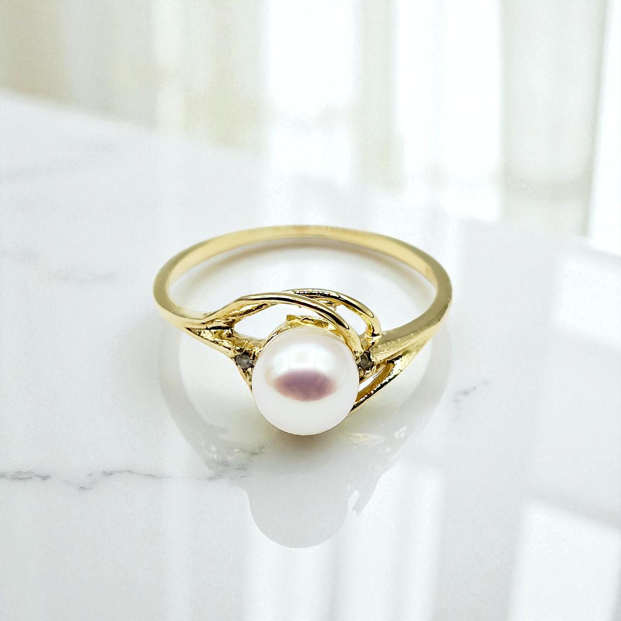 14K Yellow Gold Cultured Pearl Ring, June Birthstone, Diamond Accent