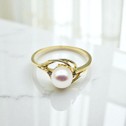 14K Yellow Gold Cultured Pearl Ring, June Birthstone, Diamond Accent