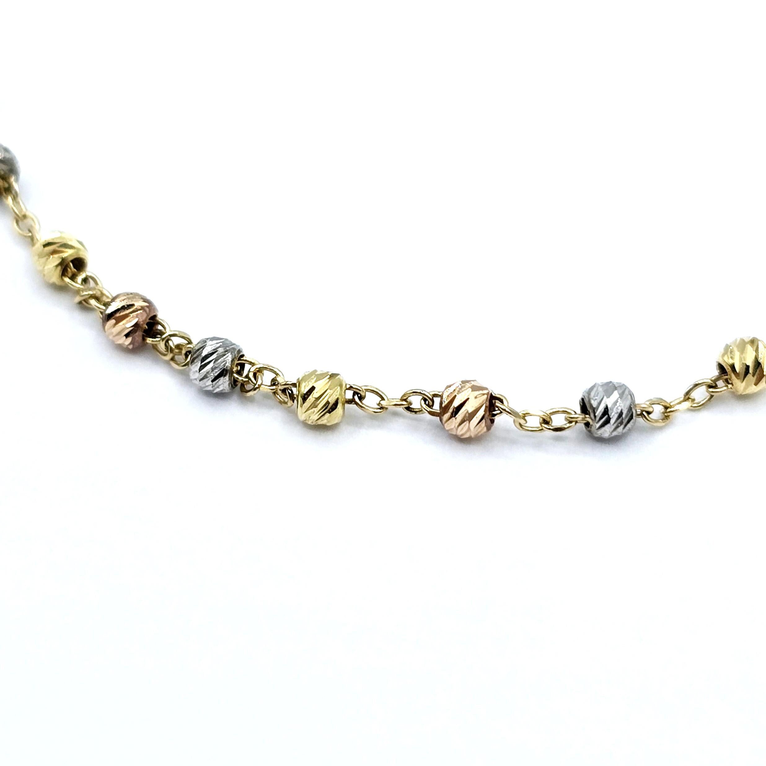 18K Yellow Gold Ball Bracelet, Tri-Color Bead Chain, Dainty Jewelry