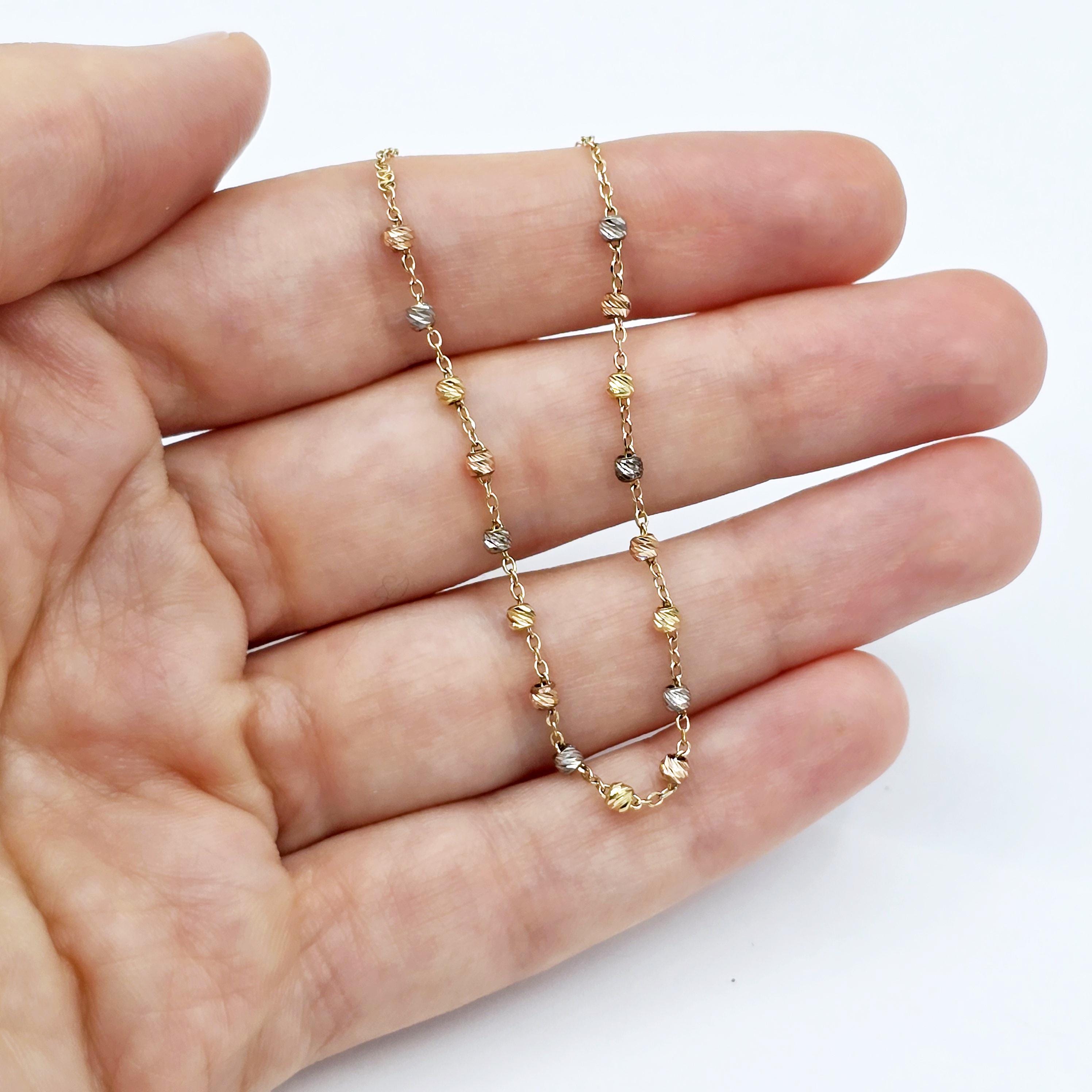 18K Yellow Gold Ball Bracelet, Tri-Color Bead Chain, Dainty Jewelry