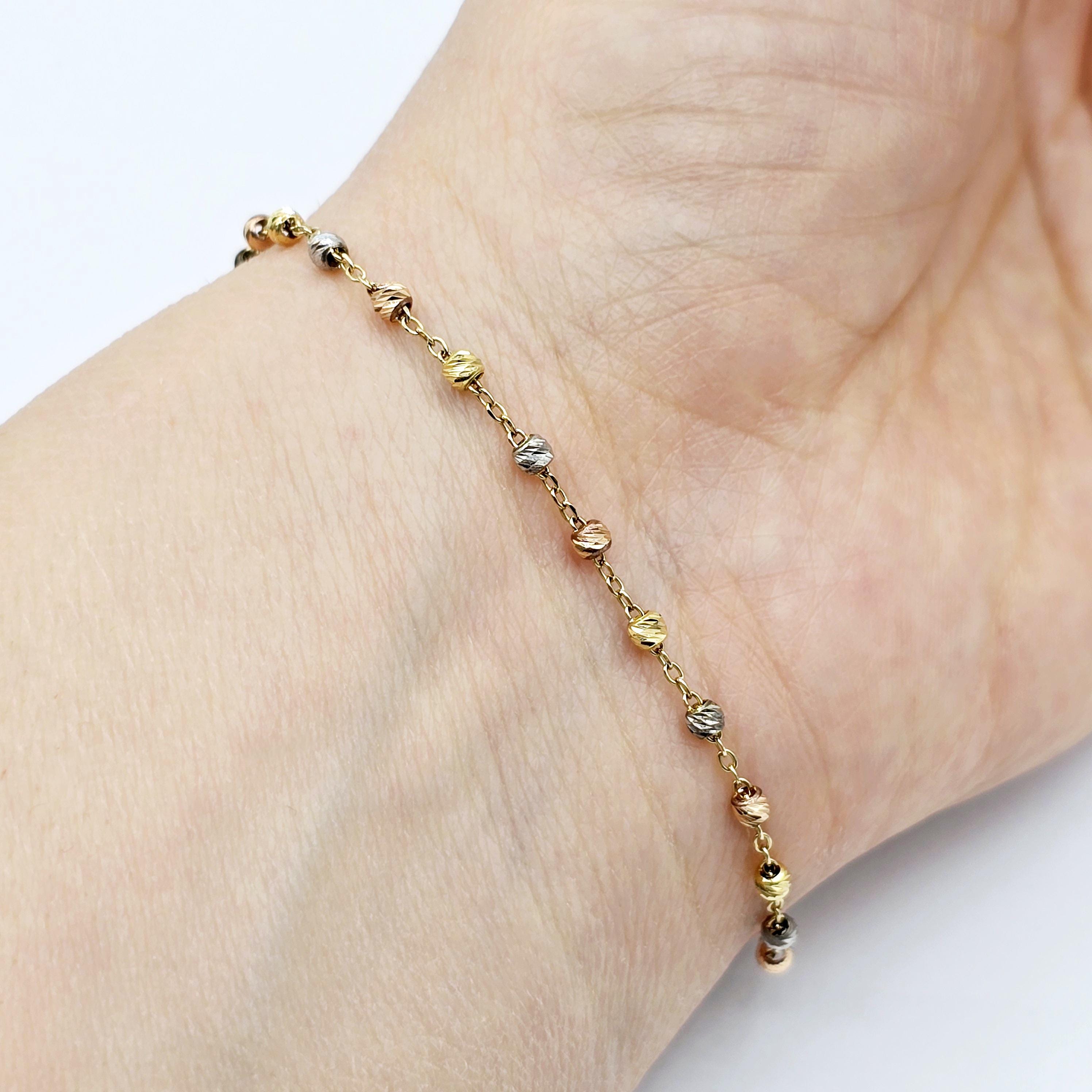 18K Yellow Gold Ball Bracelet, Tri-Color Bead Chain, Dainty Jewelry