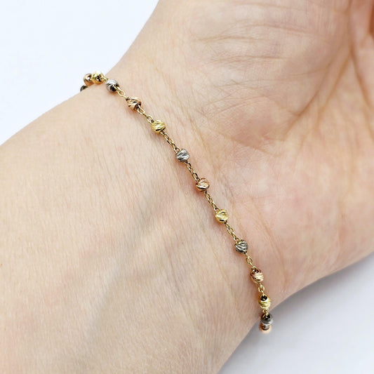 18K Yellow Gold Ball Bracelet, Tri-Color Bead Chain, Dainty Jewelry