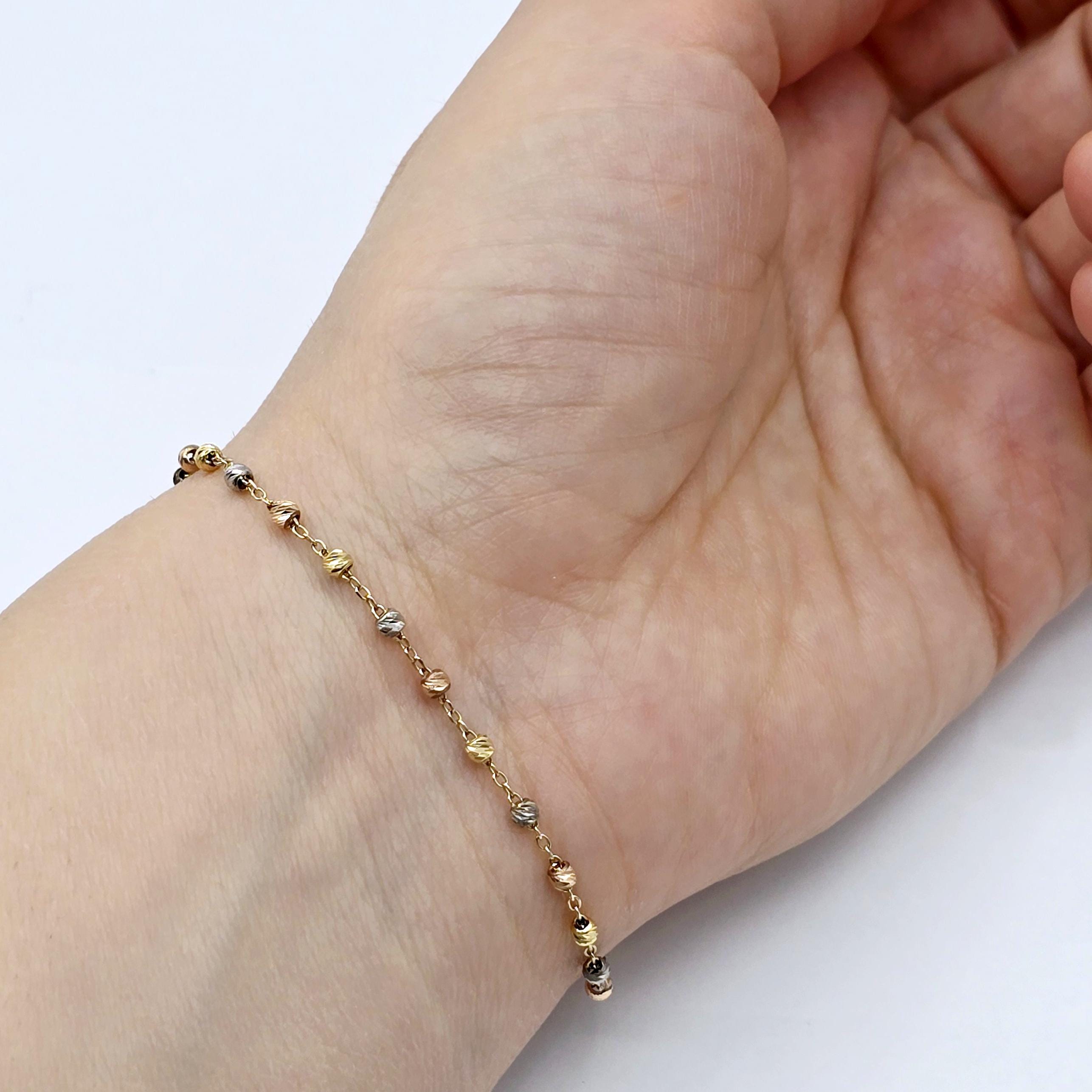 18K Yellow Gold Ball Bracelet, Tri-Color Bead Chain, Dainty Jewelry
