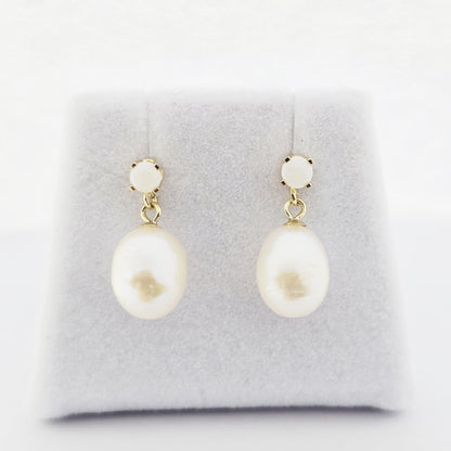 14K Gold Freshwater Pearl Drop Earrings with Genuine Gemstone