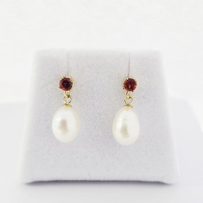 14K Gold Freshwater Pearl Drop Earrings with Genuine Gemstone