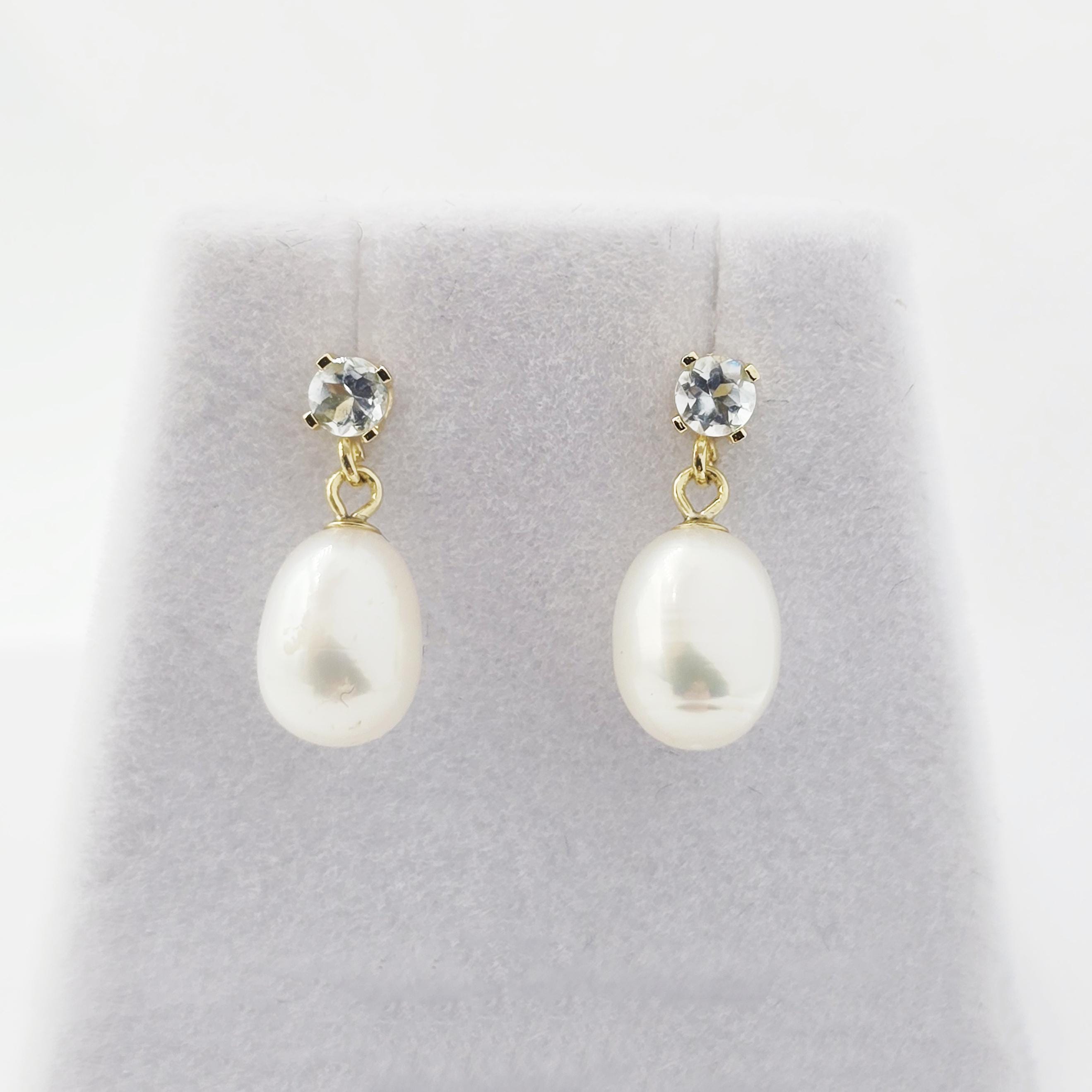 14K Gold Freshwater Pearl Drop Earrings with Genuine Gemstone