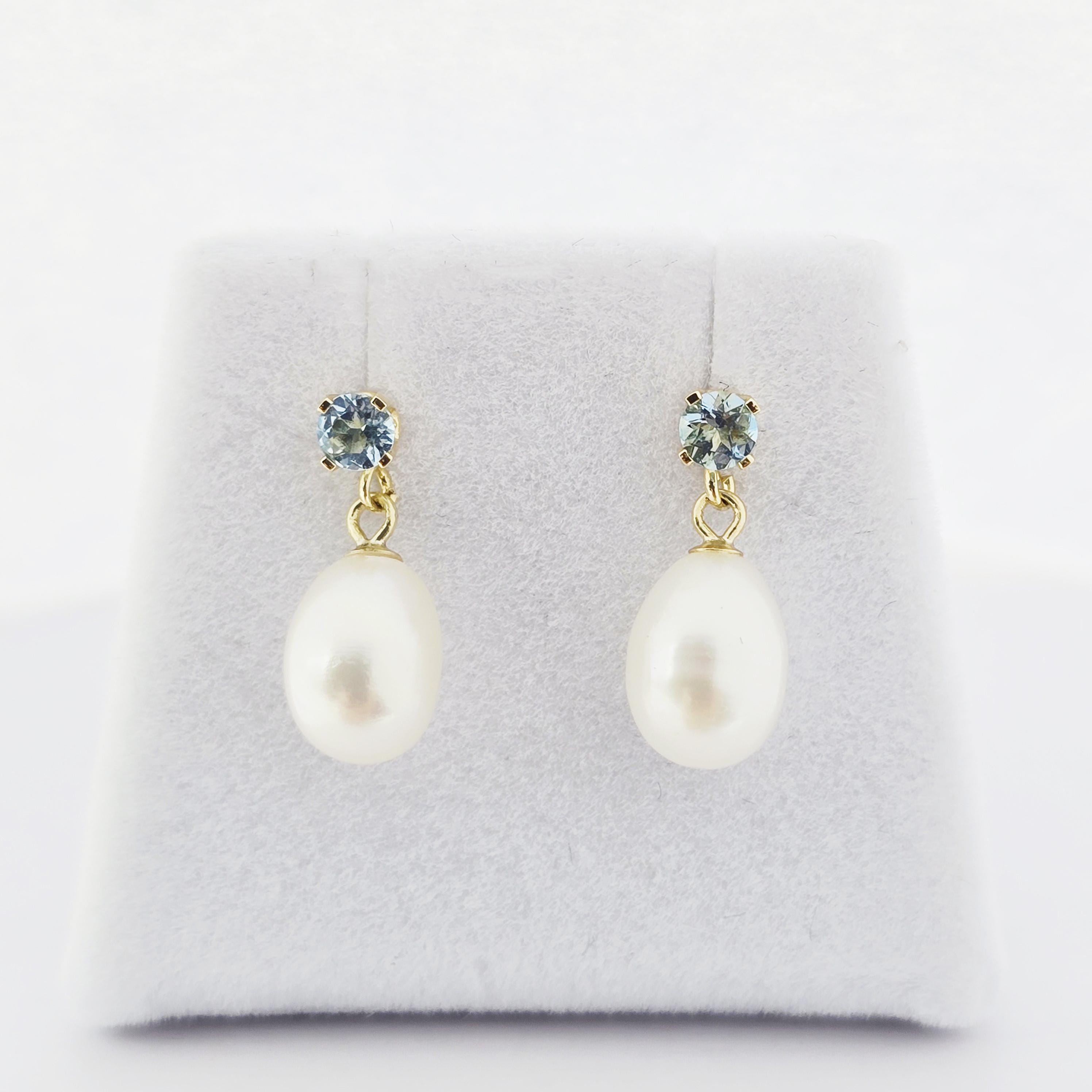 14K Gold Freshwater Pearl Drop Earrings with Genuine Gemstone