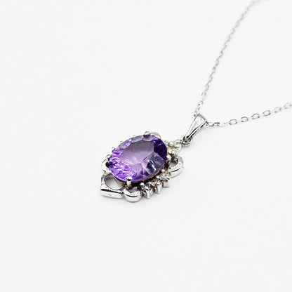 14K White Gold Amethyst Diamond Pendant, February Birthstone