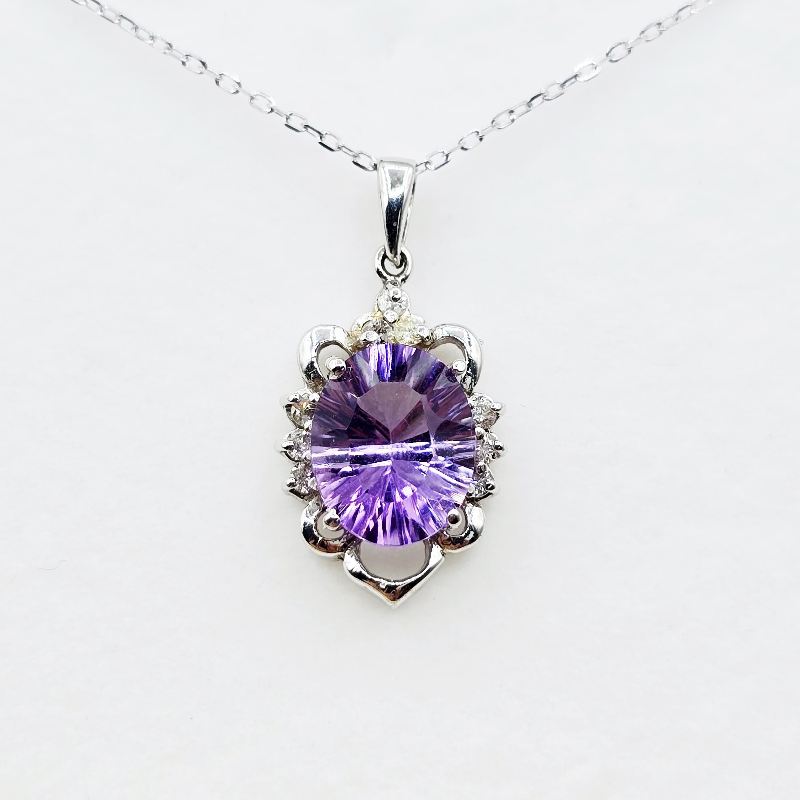 14K White Gold Amethyst Diamond Pendant, February Birthstone