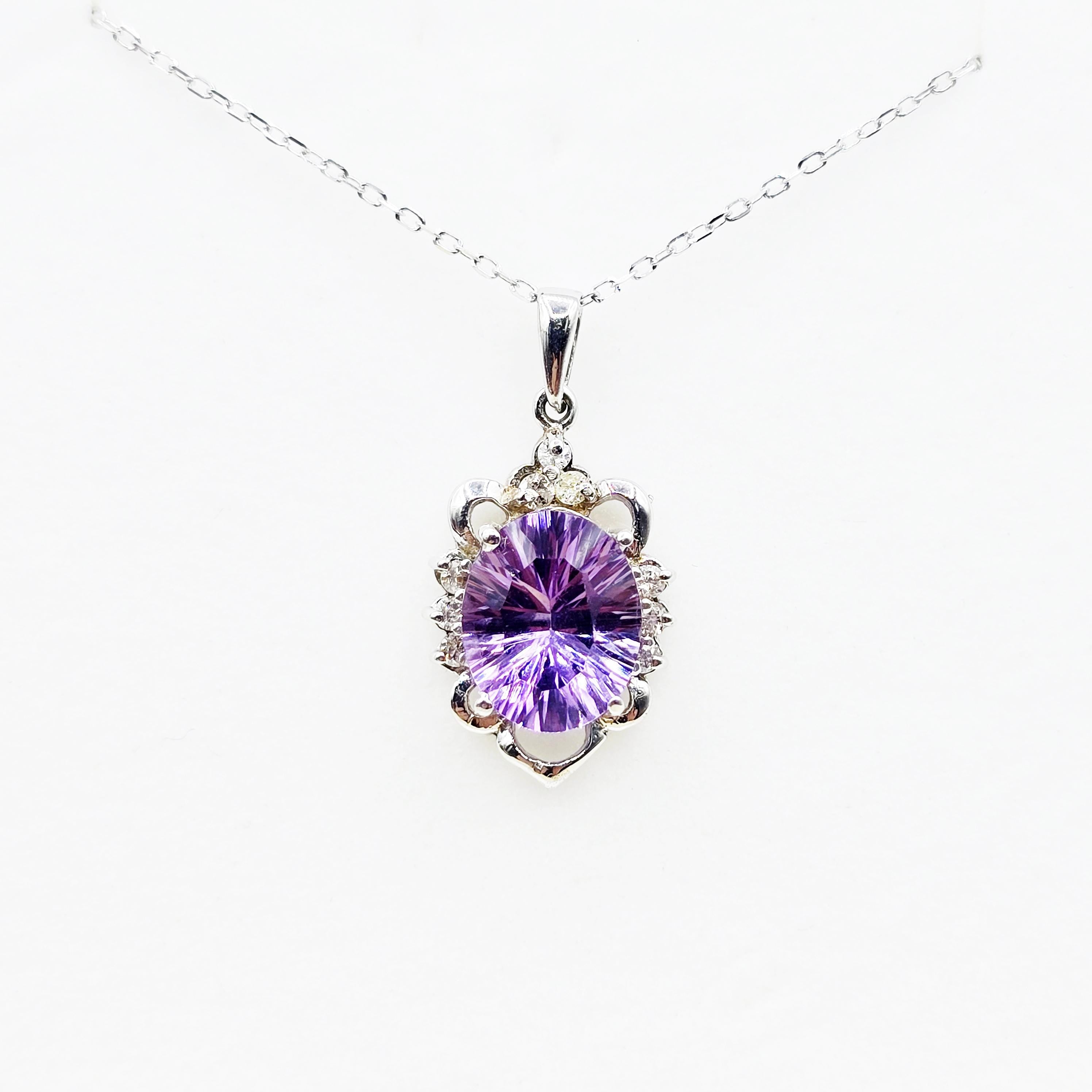 14K White Gold Amethyst Diamond Pendant, February Birthstone