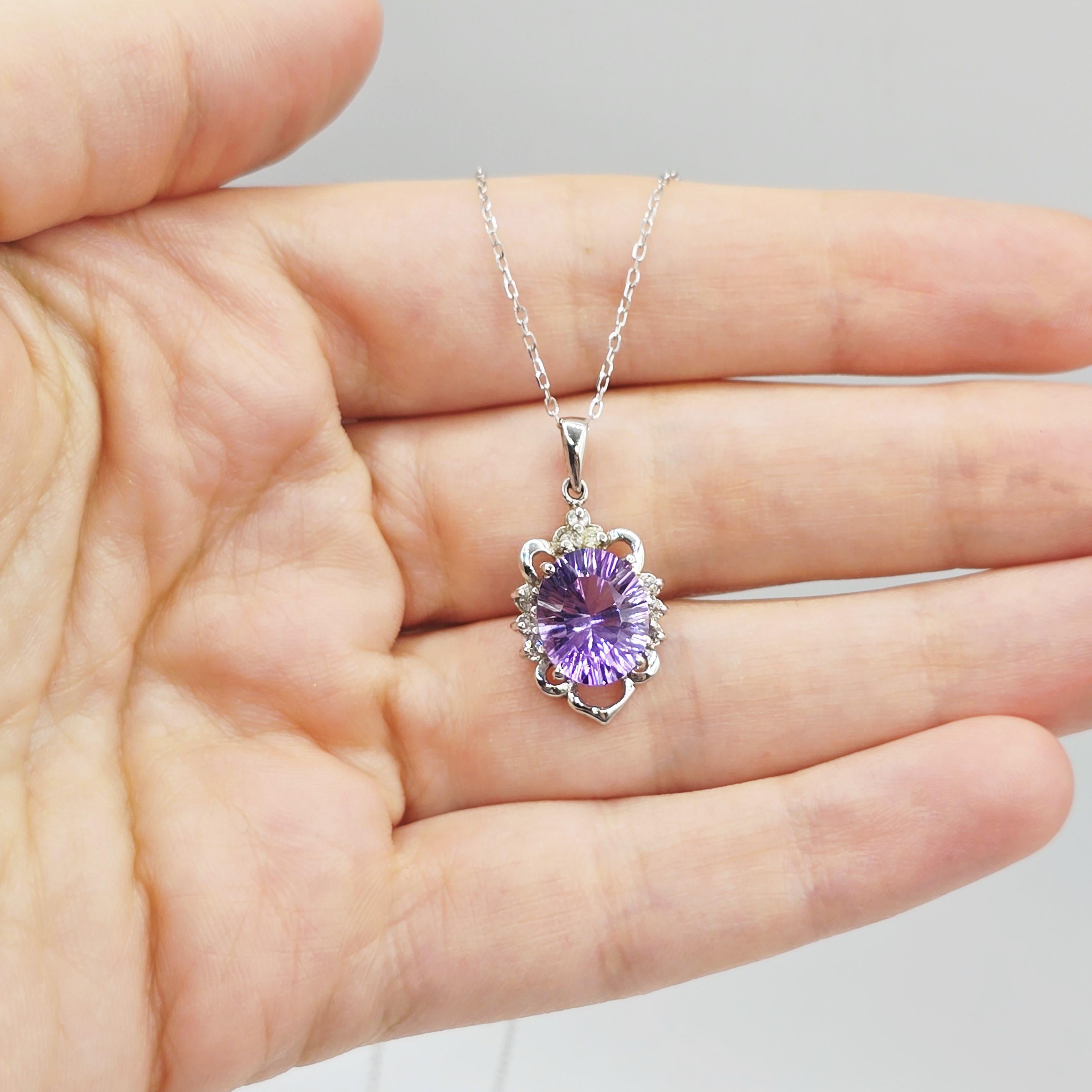 14K White Gold Amethyst Diamond Pendant, February Birthstone