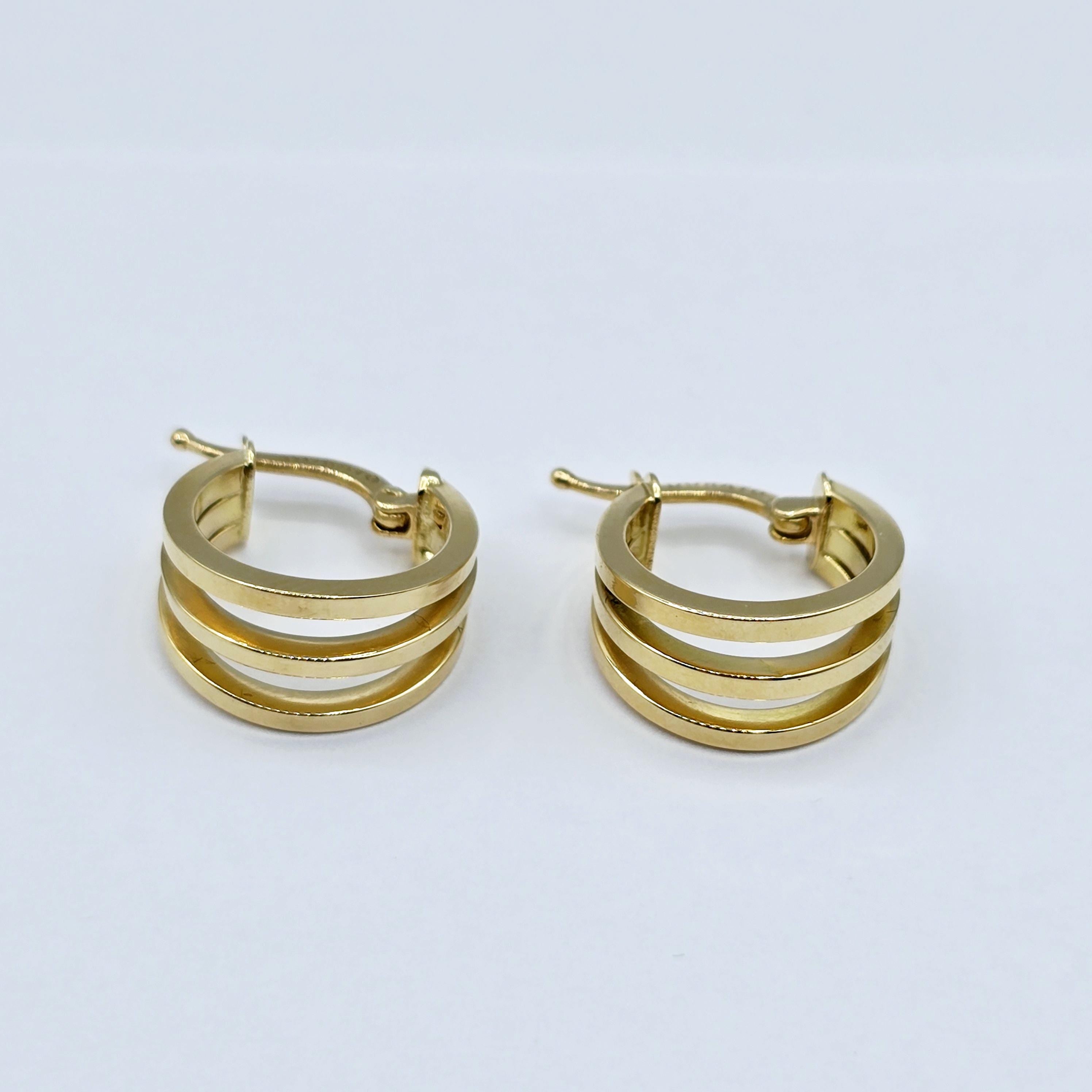 18K Gold Hoop Earrings, Triple Band, Minimalist Jewelry