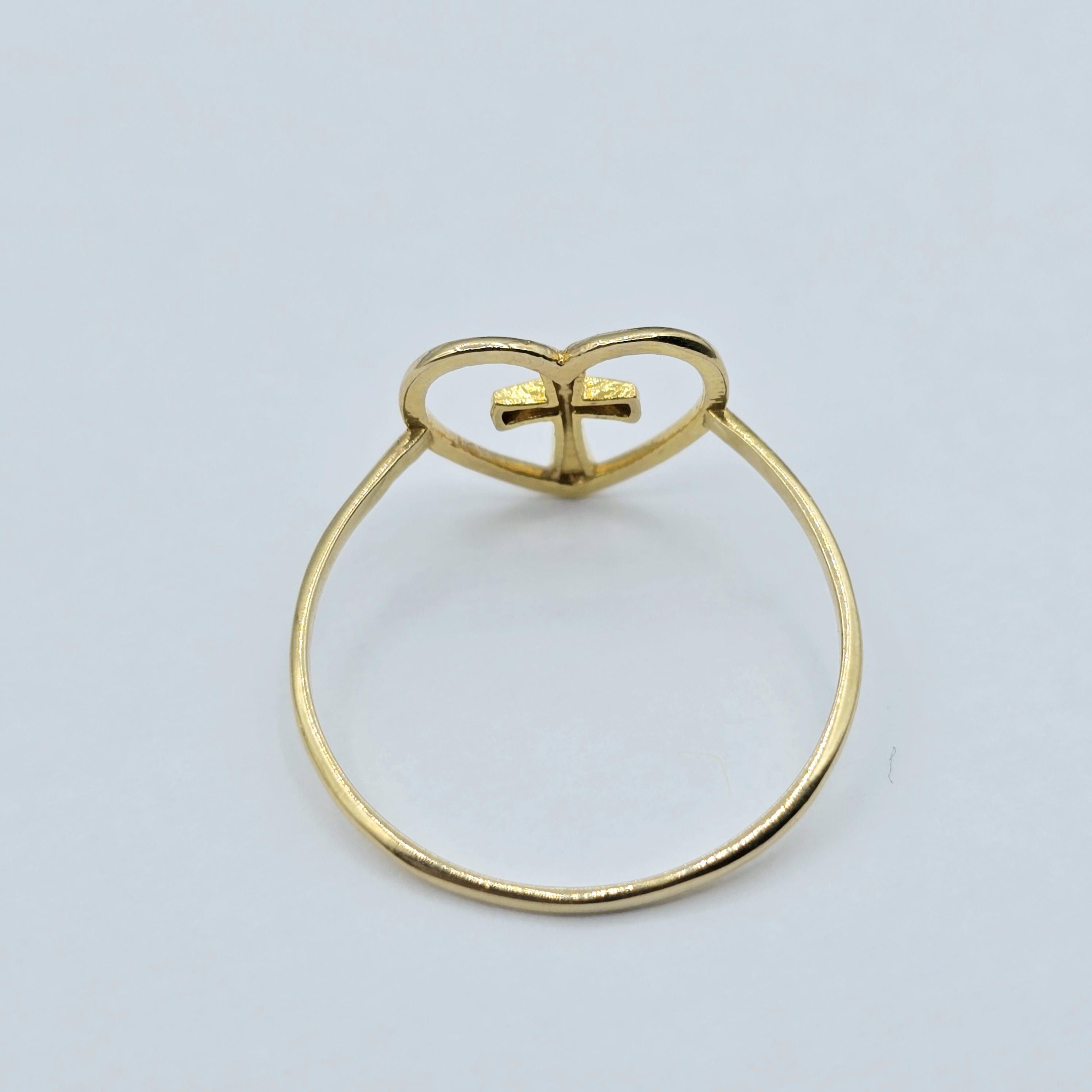 18K Yellow Gold Cross Heart Ring, Dainty Christian Jewelry