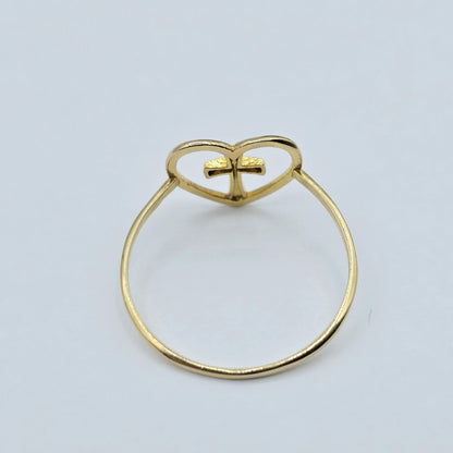 18K Yellow Gold Cross Heart Ring, Dainty Christian Jewelry